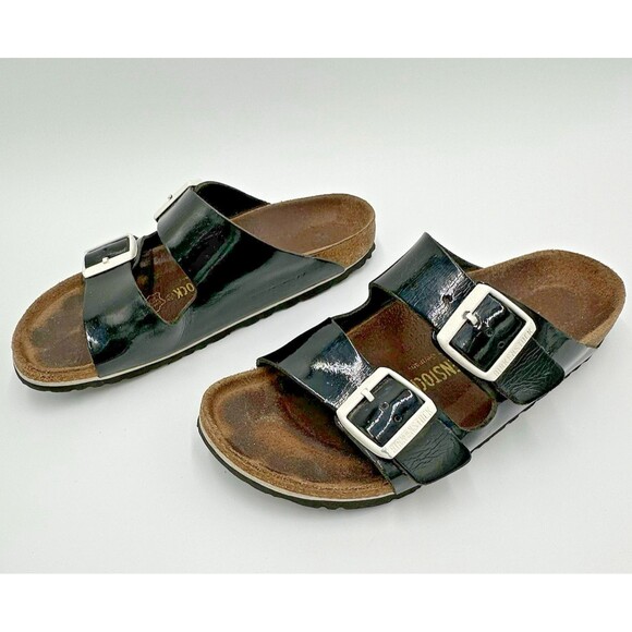 Birkenstock Arizona Patent Leather Black Sandals White Buckle Womens 38 US 7.5 - Picture 7 of 16